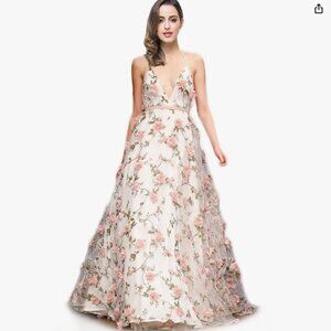 Women's V Neck 3D Flower Floral Print A-line Prom Dress Party Gown Long White 4